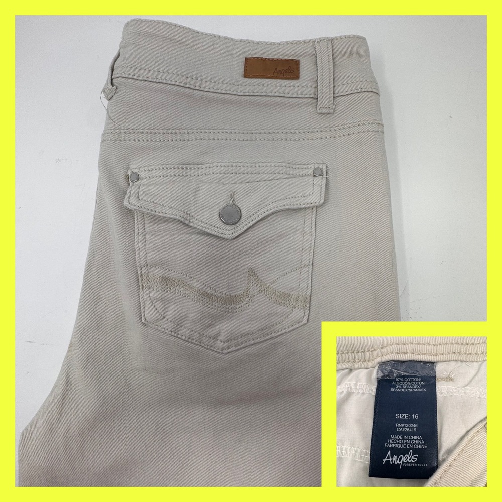 Angels Forever Young Women's Curvy Capri Pants‎ Khaki Beige Stretch Size 16